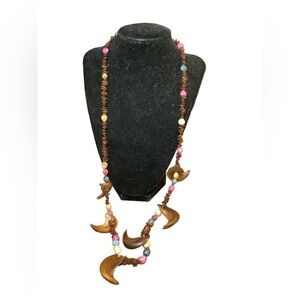 Koa Crescent Moon Brown Wood Hawaiian Strand Necklace 30”